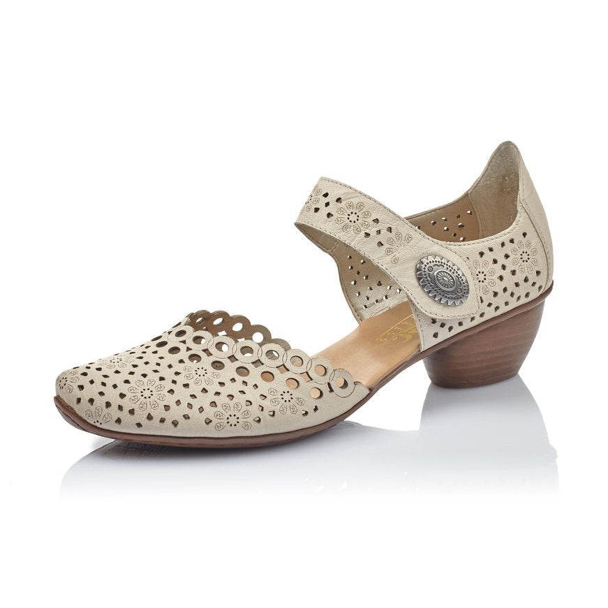 Rieker Bar Shoe OFF WHITE 43753-60 Smart Heeled Leather Bar Shoe With Touch Fastening