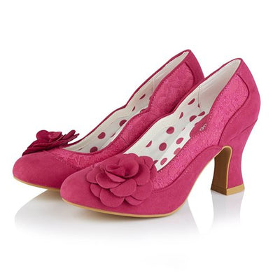 Ruby Shoo COURT SHOE Chrissie FUSCHIA With Lace and Flower Trim