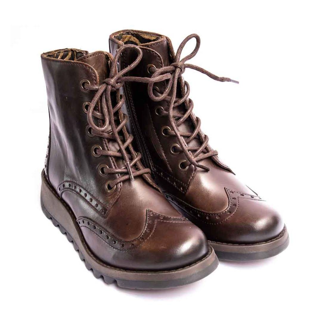 Fly London Ankle Boot Sarl BROWN Soft Leather Brogue with Laces and Zip.
