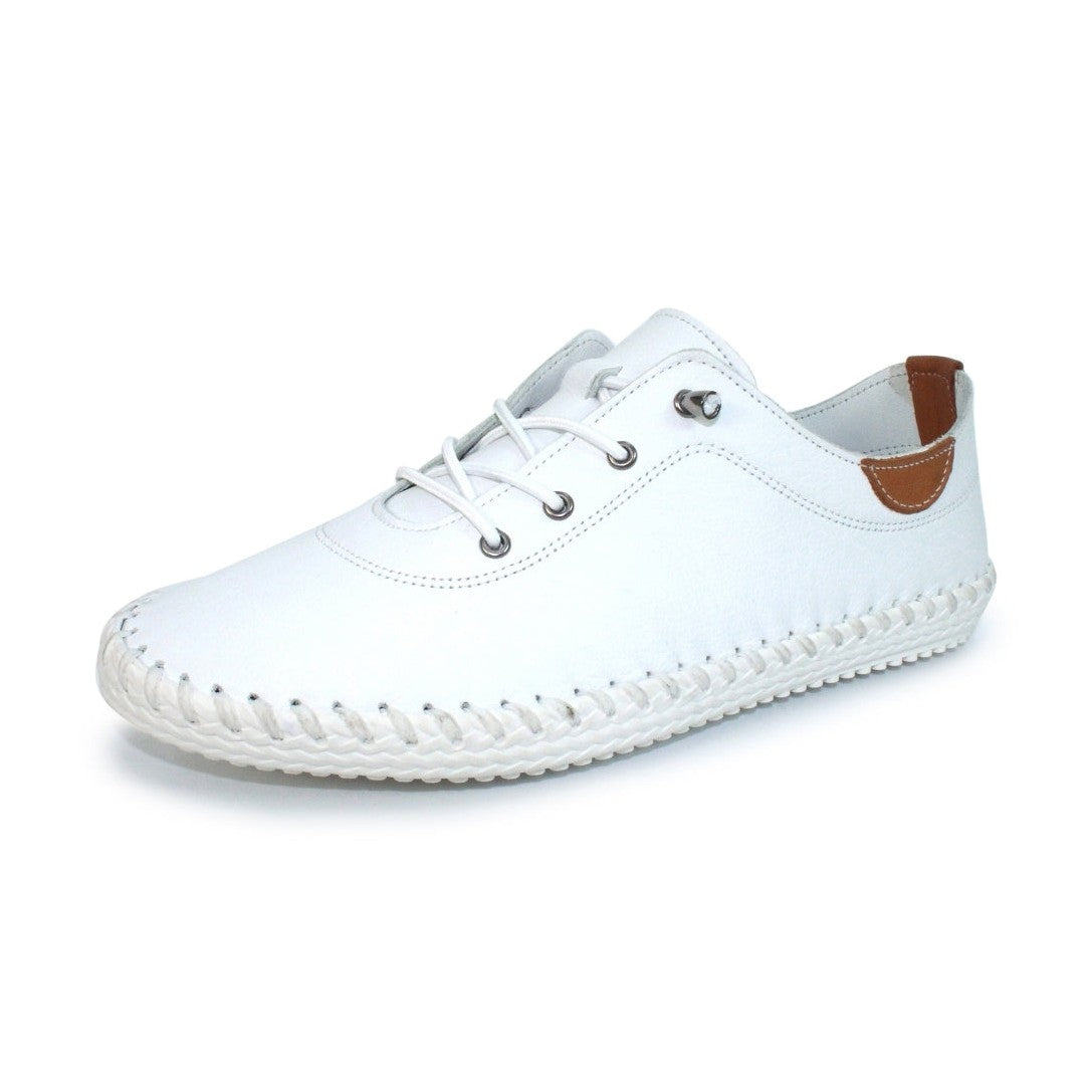 Lunar Plimsoll St Ives WHITE FLE030BL soft leather with Elasticated Lace
