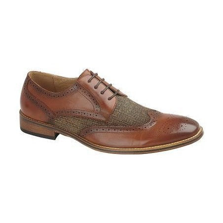 Mens M410B Tan leather lined heringbone tweed panel Lace up Brogue shoe