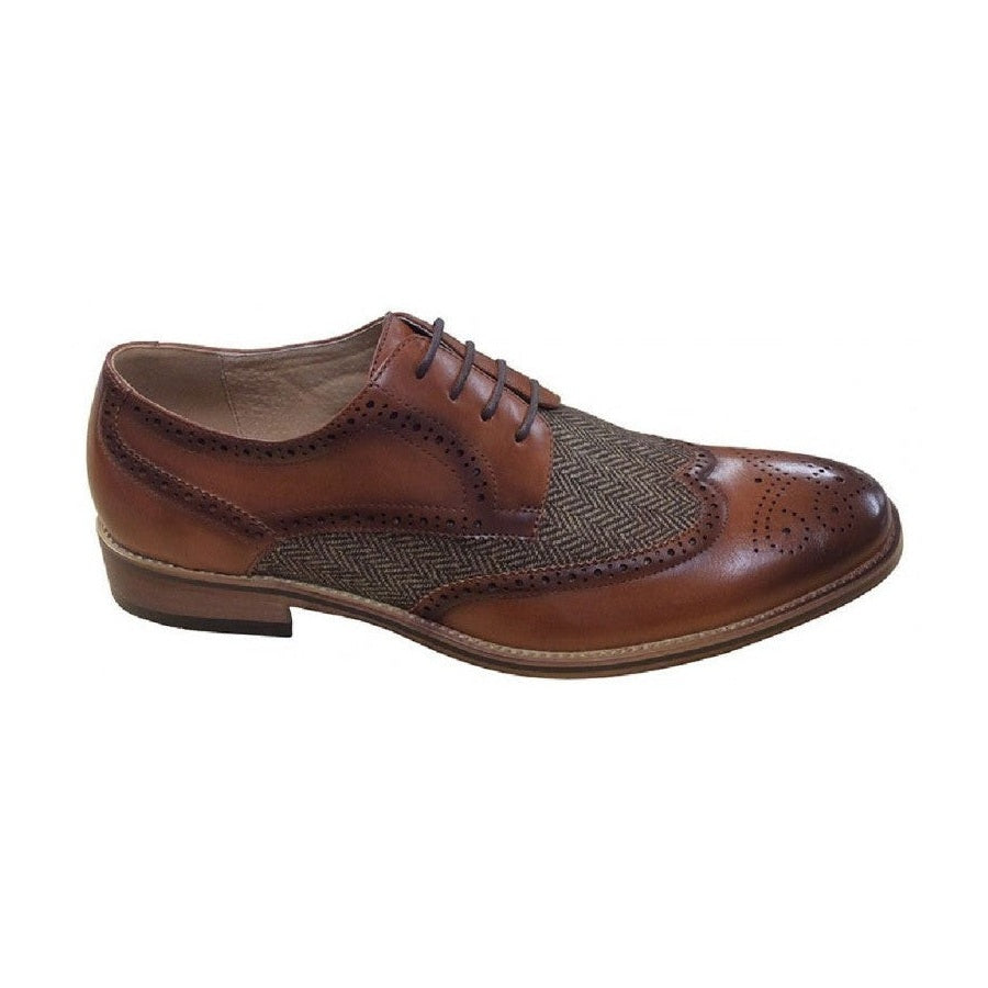 Mens M410B Tan leather lined heringbone tweed panel Lace up Brogue shoe