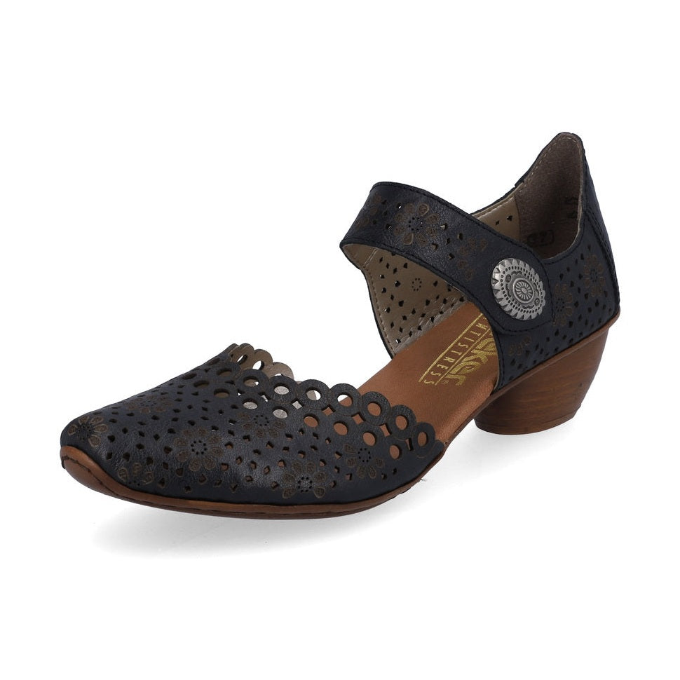 Rieker Bar Shoe BLUE 43753-14 Smart Heeled Leather Bar Shoe With Touch Fastening