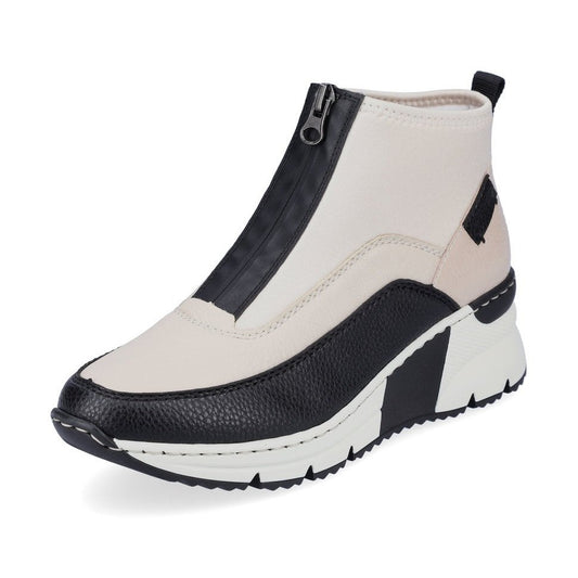 Rieker Ladies Boot N6352 Trainer style front zip Ankle Boot with wedge sole WHITE/BLACK N6352-60
