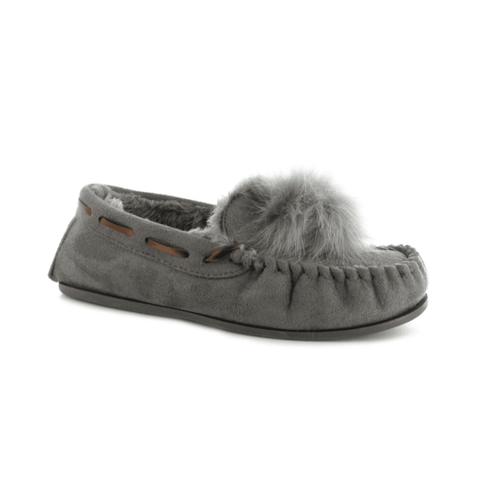 Ella Paula Grey Luxury Moccasin Fur Pom Pom Slippers