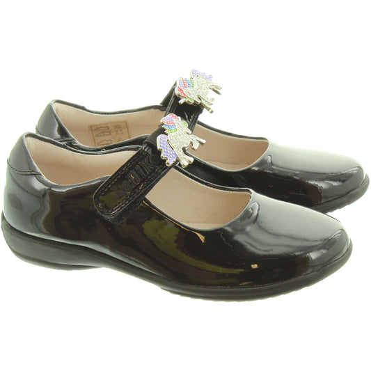 Lelli Kelly 8213 BLACK  Patent Blossom 2 Unicorn Trim Bar Shoe F Fitting