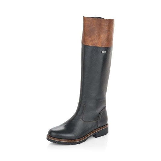 Remonte Long Leg BLACK  Leather Boot with tan trim R6581-02