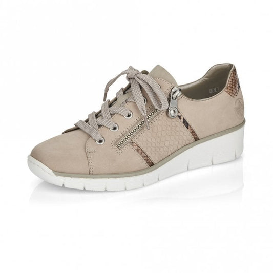 Rieker Trainer Style Casual Shoe with Lace and Zip 53711-60 BEIGE