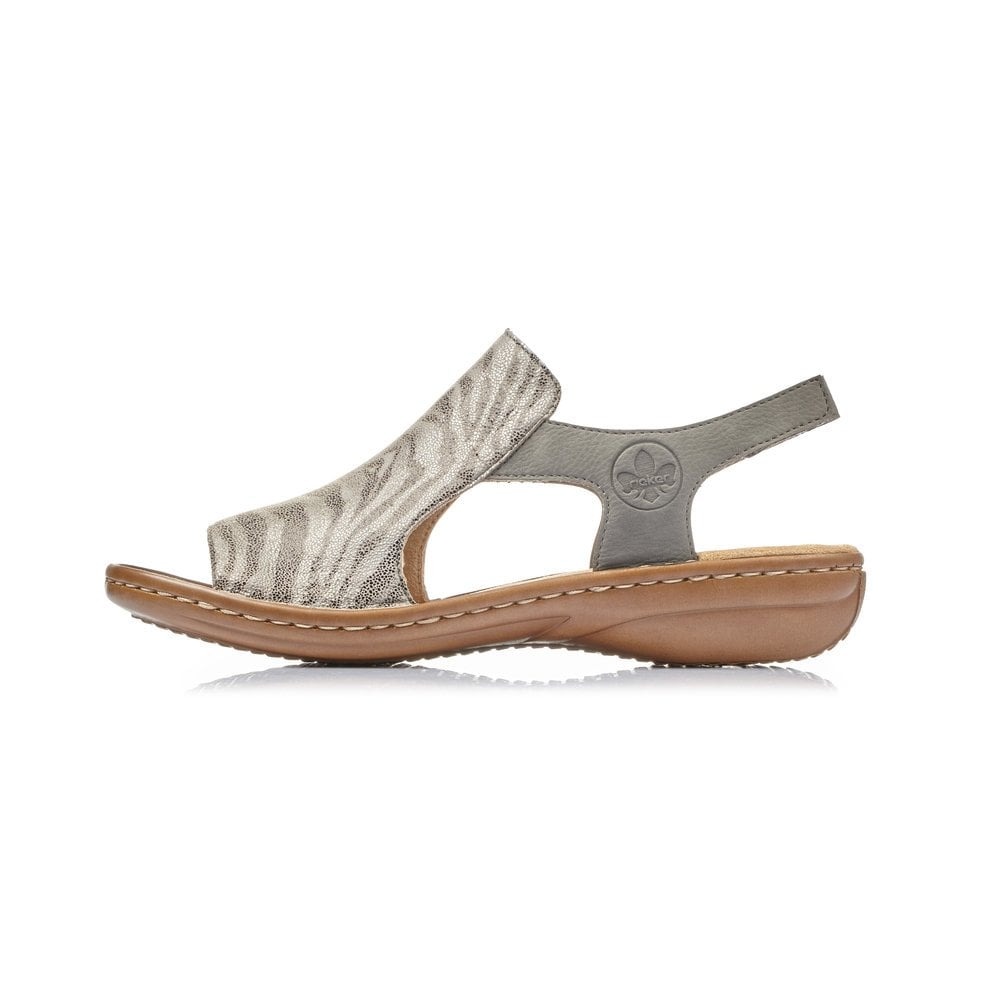 RIEKER sandal with sling back touch fastening strap grey animal print 60840-42