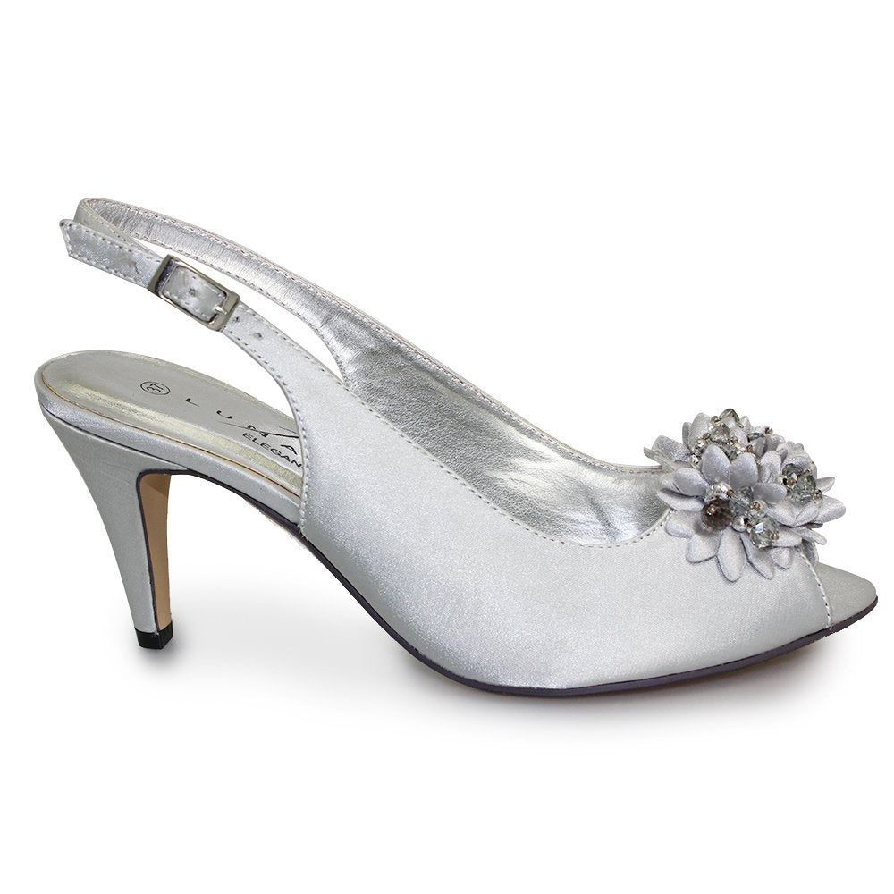 Lunar Sabrina Occasion Shoe Silver Grey Satin Slingback FLR081 MATCHING BAG AVAILABLE