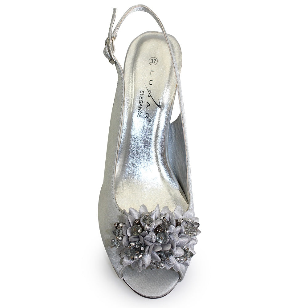 Lunar Sabrina Occasion Shoe Silver Grey Satin Slingback FLR081 MATCHING BAG AVAILABLE