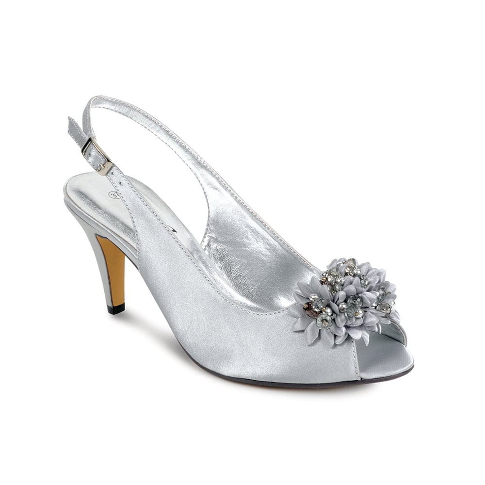 Lunar Sabrina Occasion Shoe Silver Grey Satin Slingback FLR081 MATCHING BAG AVAILABLE