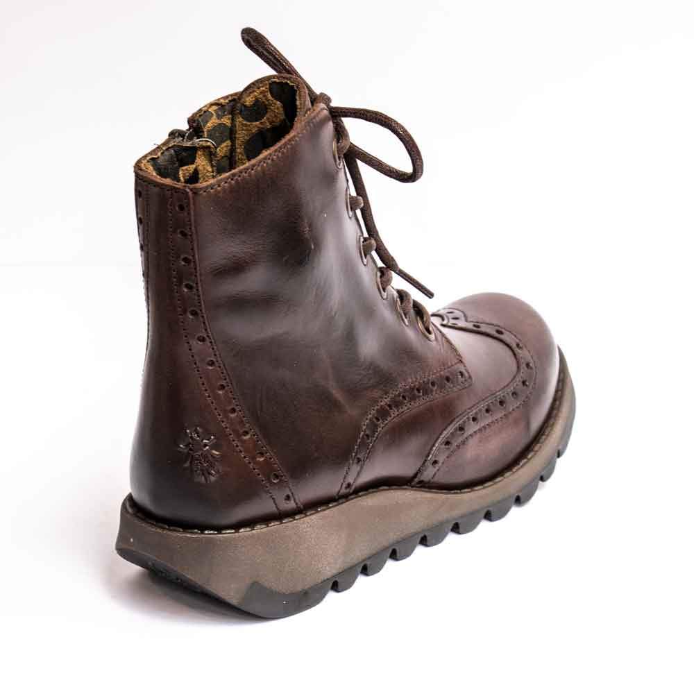 Fly London Ankle Boot Sarl BROWN Soft Leather Brogue with Laces and Zip.