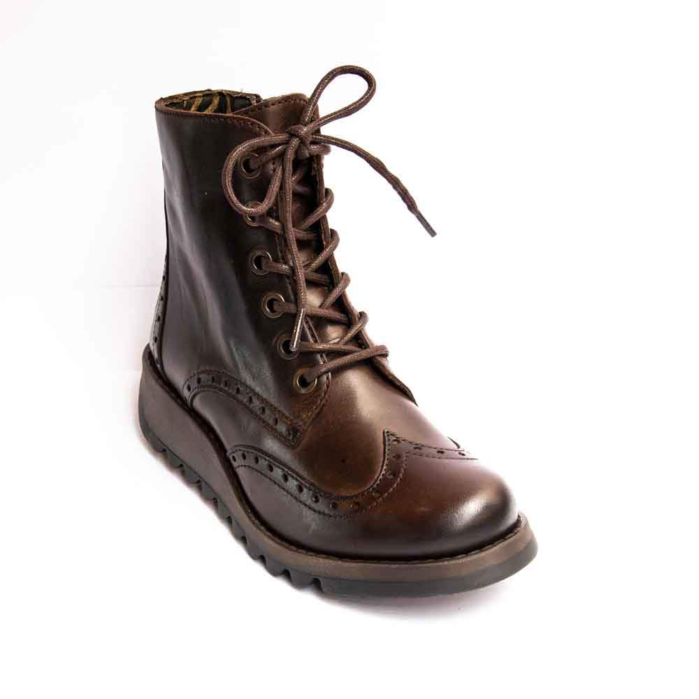 Fly London Ankle Boot Sarl BROWN Soft Leather Brogue with Laces and Zip.